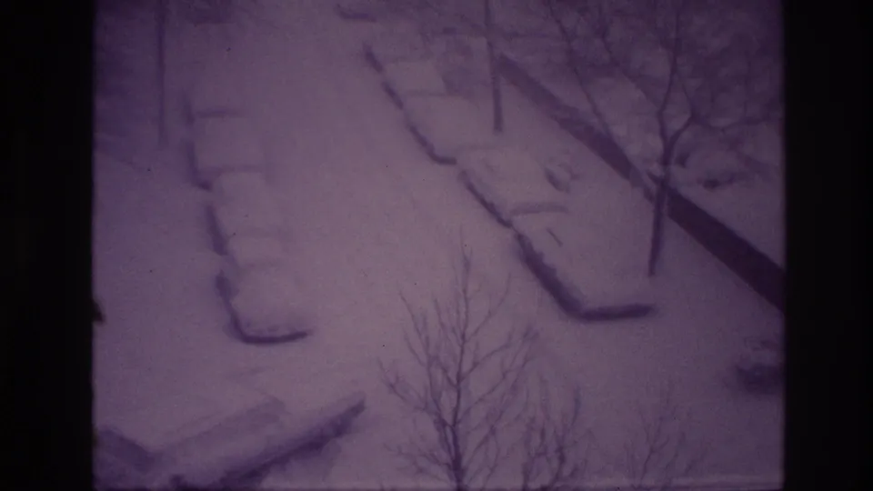 Elevated Ottawa winter view from 1967 showing snow-covered parked cars and bare tree branches in soft purple 8mm color.