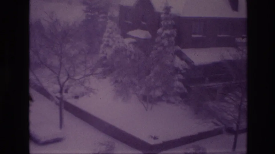 1967 Ottawa home-movie frame showing a snowy residential yard with evergreens, bare trees, and a house beyond the snow.