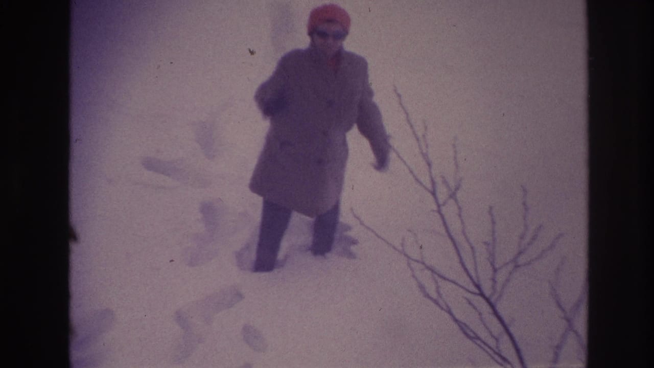 Older woman stands in deep snow beside bare branches, facing the camera.