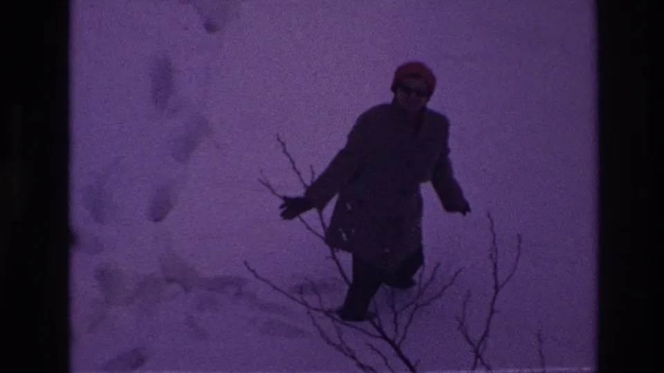 A woman in a long coat and red hat stands near bare branches in deep Ottawa snow, with footprints visible behind her.