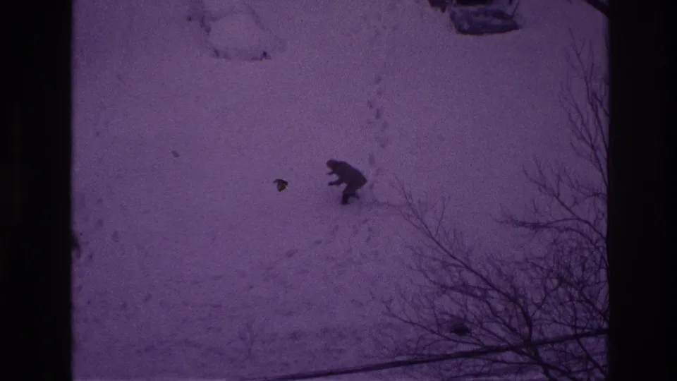 The man appears partly crouched or slowed in the snowy Ottawa yard, with bare branches at the right edge.