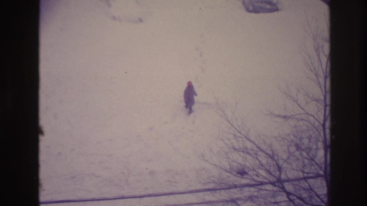 1967 Ottawa home-movie frame of a lone person crossing snowy ground, filmed from above through bare branches.