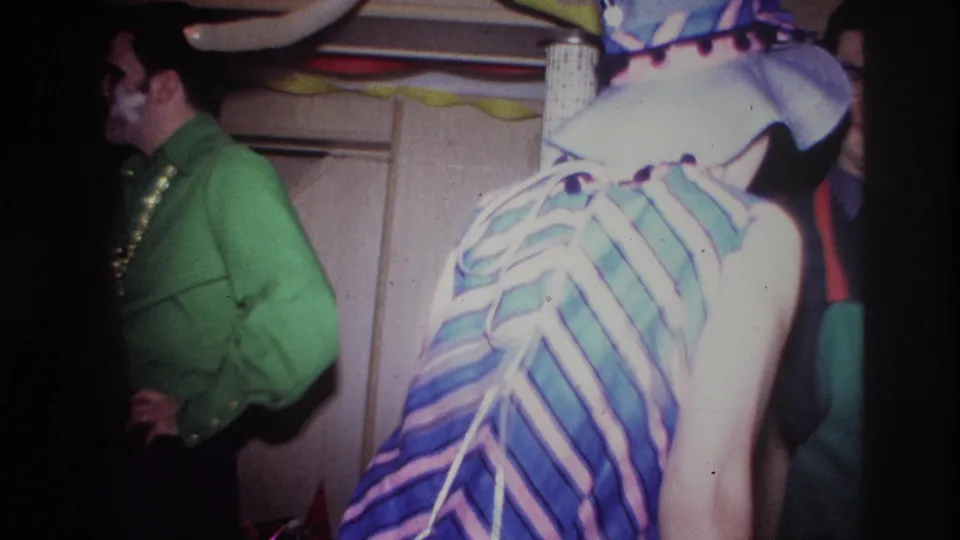 The closing frame shows Ottawa 1967 party guests in a private interior, with a striped dress in the foreground and a man in green partly turned away.