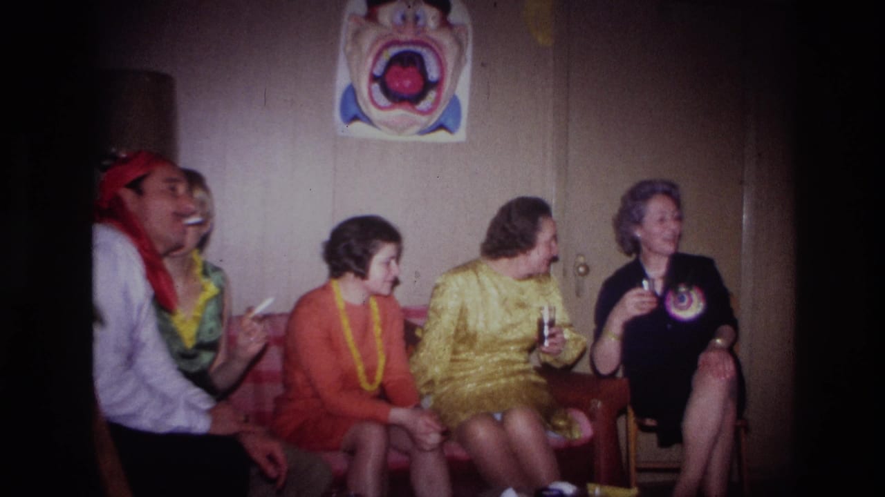 1967 Ottawa basement party scene with adults talking on a couch, including a man in a red bandana and women in bright dresses.