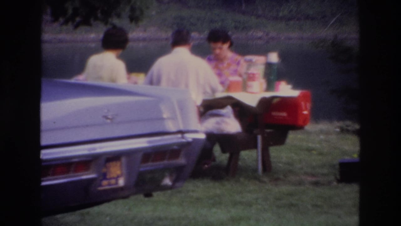 Adults sit around a picnic table near lake water, partly blocked by a parked classic car.