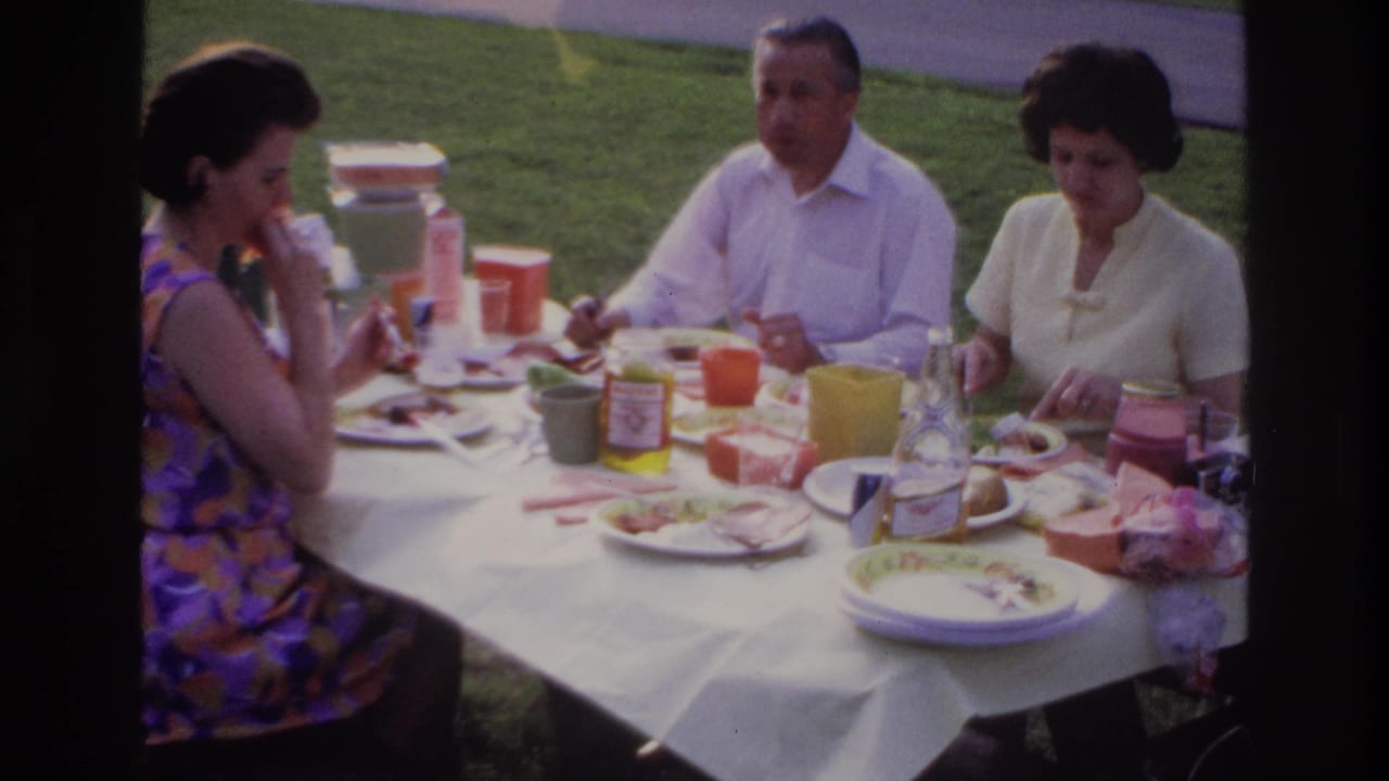 1967 Ottawa picnic scene with three adults eating lunch outdoors, including visible cups, paper plates, containers, and a bottled drink.