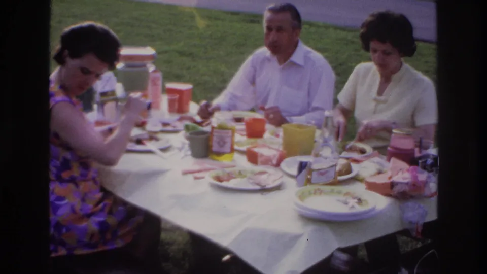 1967 Ottawa home-movie still of a woman glancing toward the camera while three adults sit around a picnic lunch outdoors.