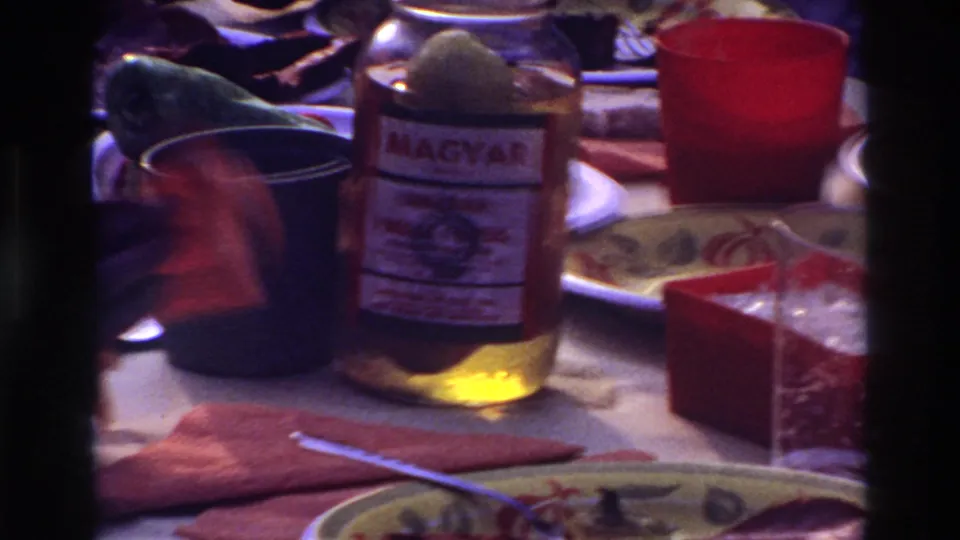 1967 Ottawa home-movie frame showing a crowded lunch table with a Magyar-labeled jar, red cup, dark mug, plates, and partial hands.
