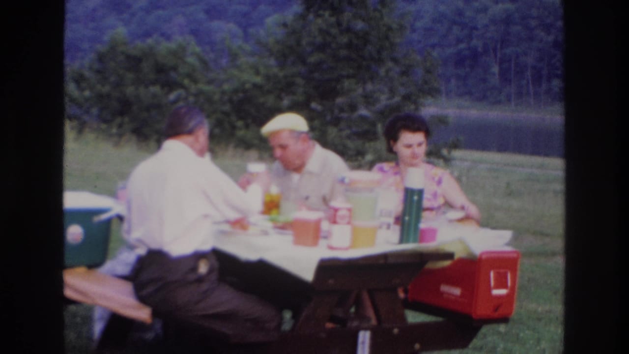 1967 Ottawa home-movie frame of three adults sharing an outdoor picnic meal near grass, trees, and distant water.