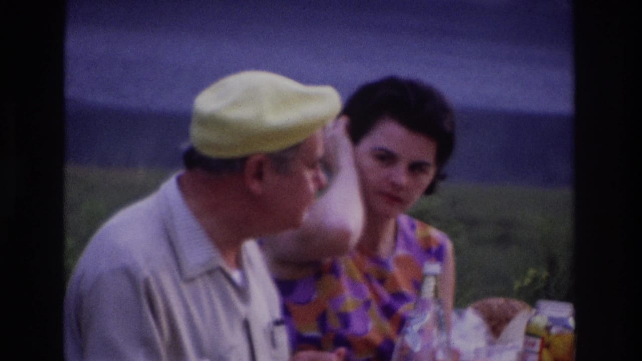 Man in a yellow cap faces a woman at a picnic table with a bottle and food carton visible.