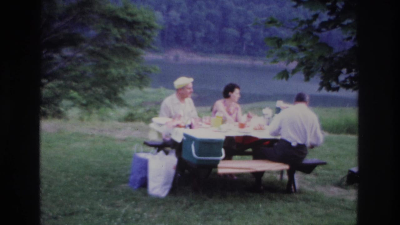 Wide 1967 Ottawa home-movie frame of three adults at a lakeside picnic table, with a green cooler on the grass and trees around the water.