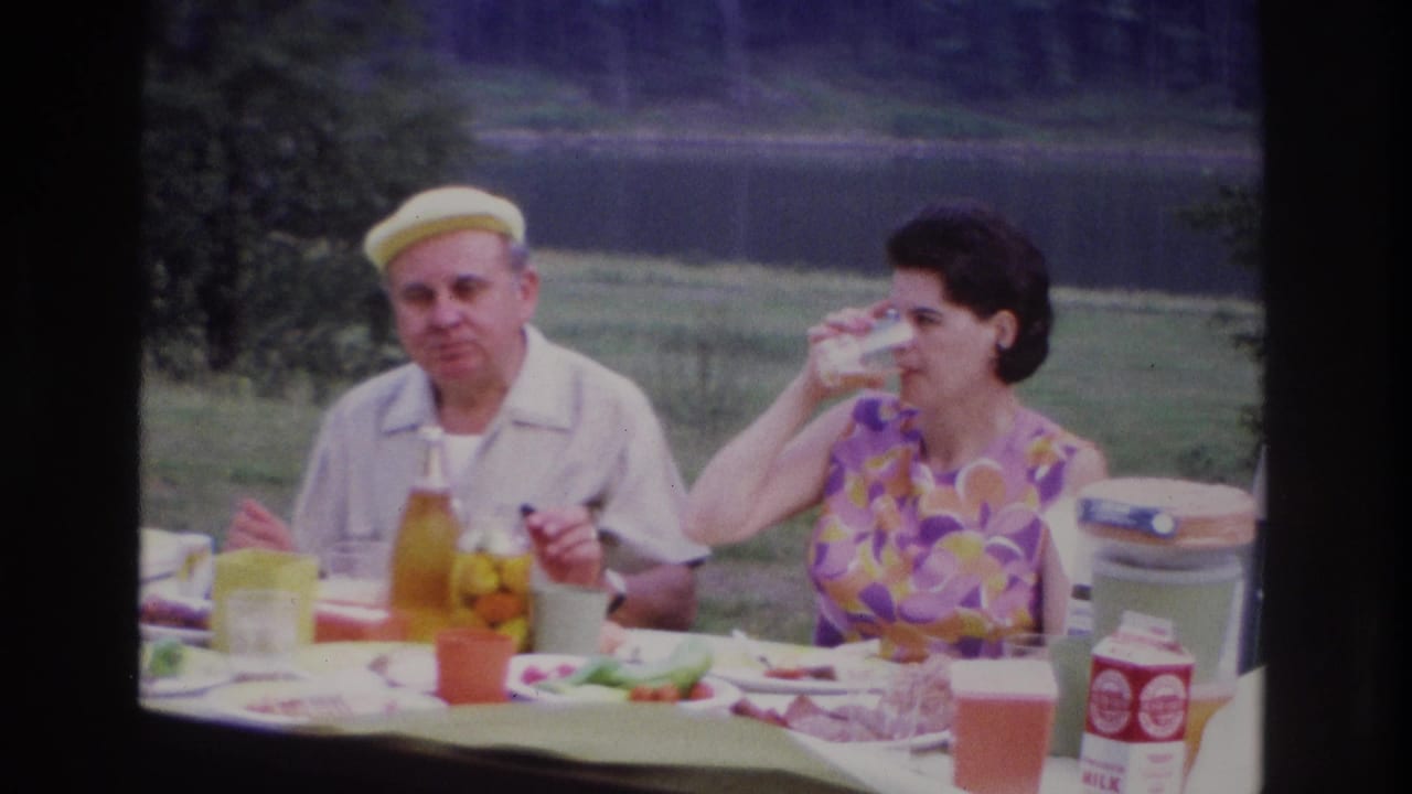 Closer 1967 Ottawa picnic view showing a man in a yellow cap and a woman in a floral dress seated at a table with cartons, cups, and food.