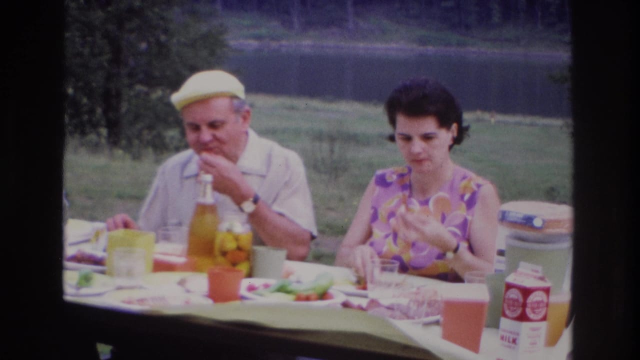 Couple eating at a picnic table with a drink bottle, food, cups, cooler, and pond visible.