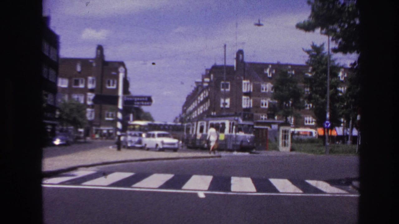 Vehicle-window view across a zebra crossing toward cars, a tram, trees, and apartment buildings.