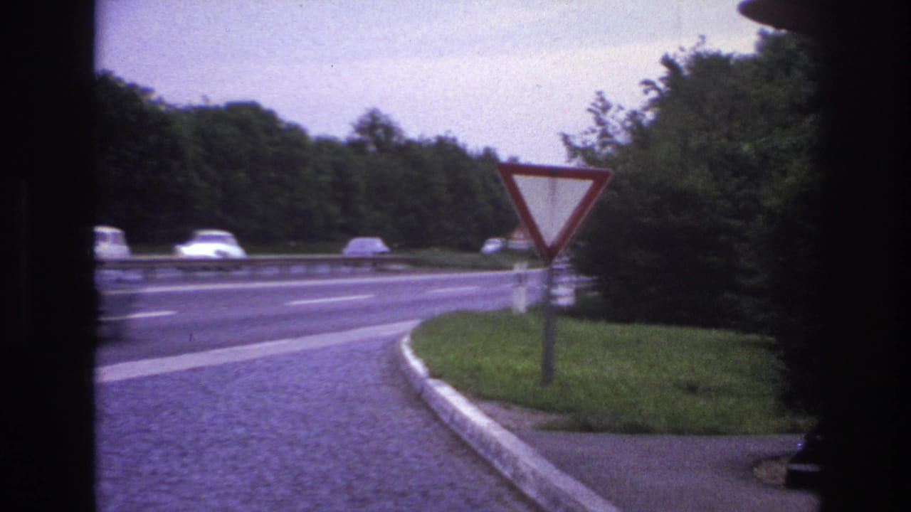 Cars move along a divided road beside a red-bordered yield sign and grassy roadside.