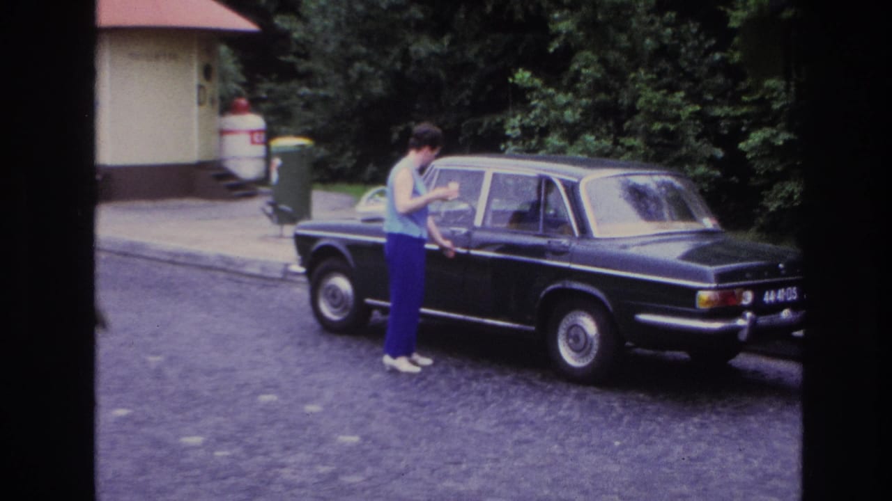 Woman reaches toward the door handle of a black sedan parked near trees.
