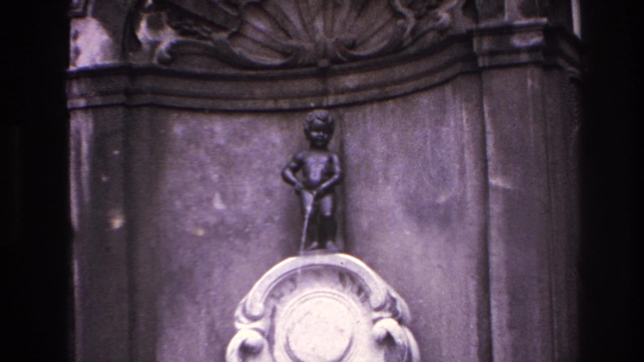 Small fountain statue centered on a carved stone surround with an arched top.