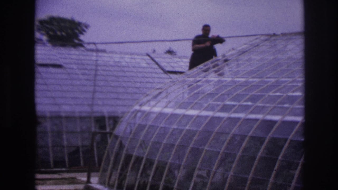 1967 Paris home-movie frame showing a man in dark clothing working with a long pole on an arched glass greenhouse roof.