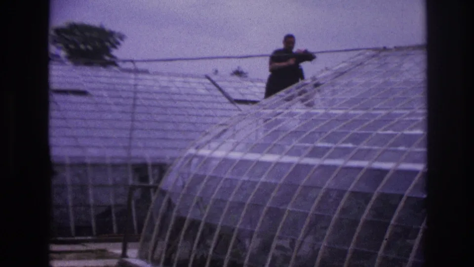 1967 Paris home-movie frame showing a man in dark clothing working with a long pole on an arched glass greenhouse roof.