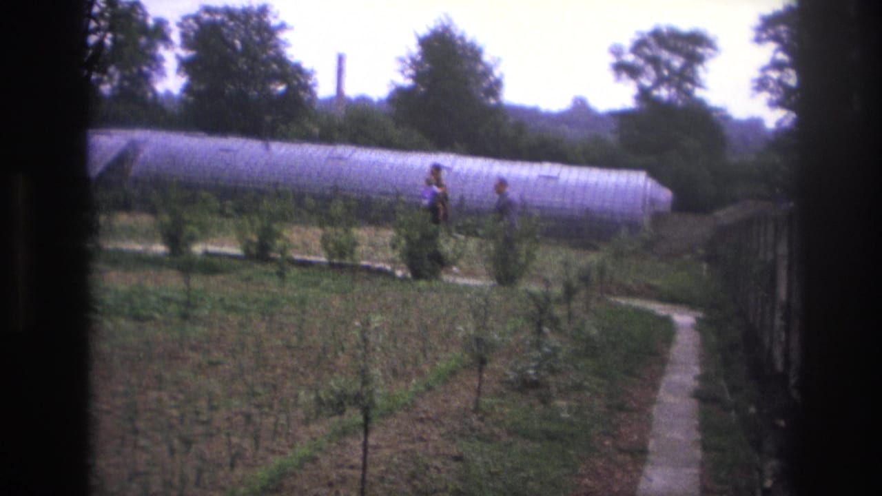 In 1967 Paris home-movie footage, two men move along a garden path with cultivated beds, young trees, and a long arched greenhouse behind them.