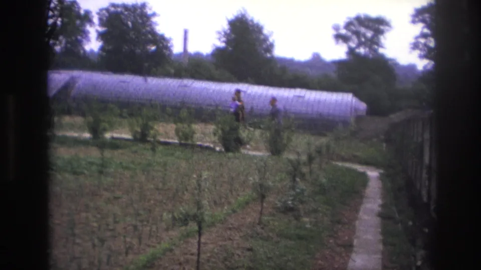 In 1967 Paris home-movie footage, two men move along a garden path with cultivated beds, young trees, and a long arched greenhouse behind them.