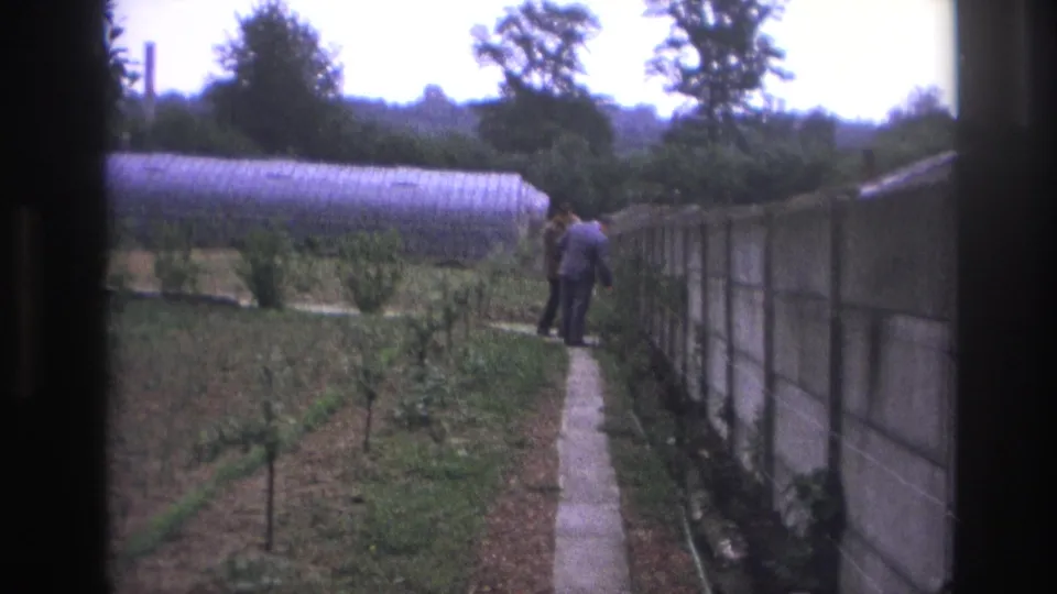 In 1967 Paris-area home-movie footage, two suited men appear on a concrete path near rows of young plants and a long greenhouse.