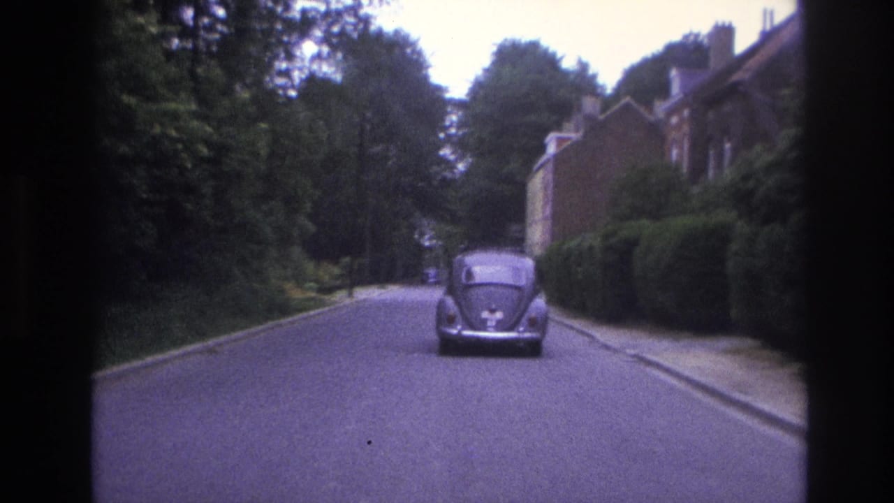 Rear view of a Volkswagen Beetle driving along a residential road.