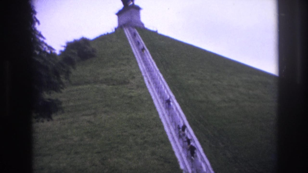 Long stairway rises up a grassy slope toward a monument with a lion statue.