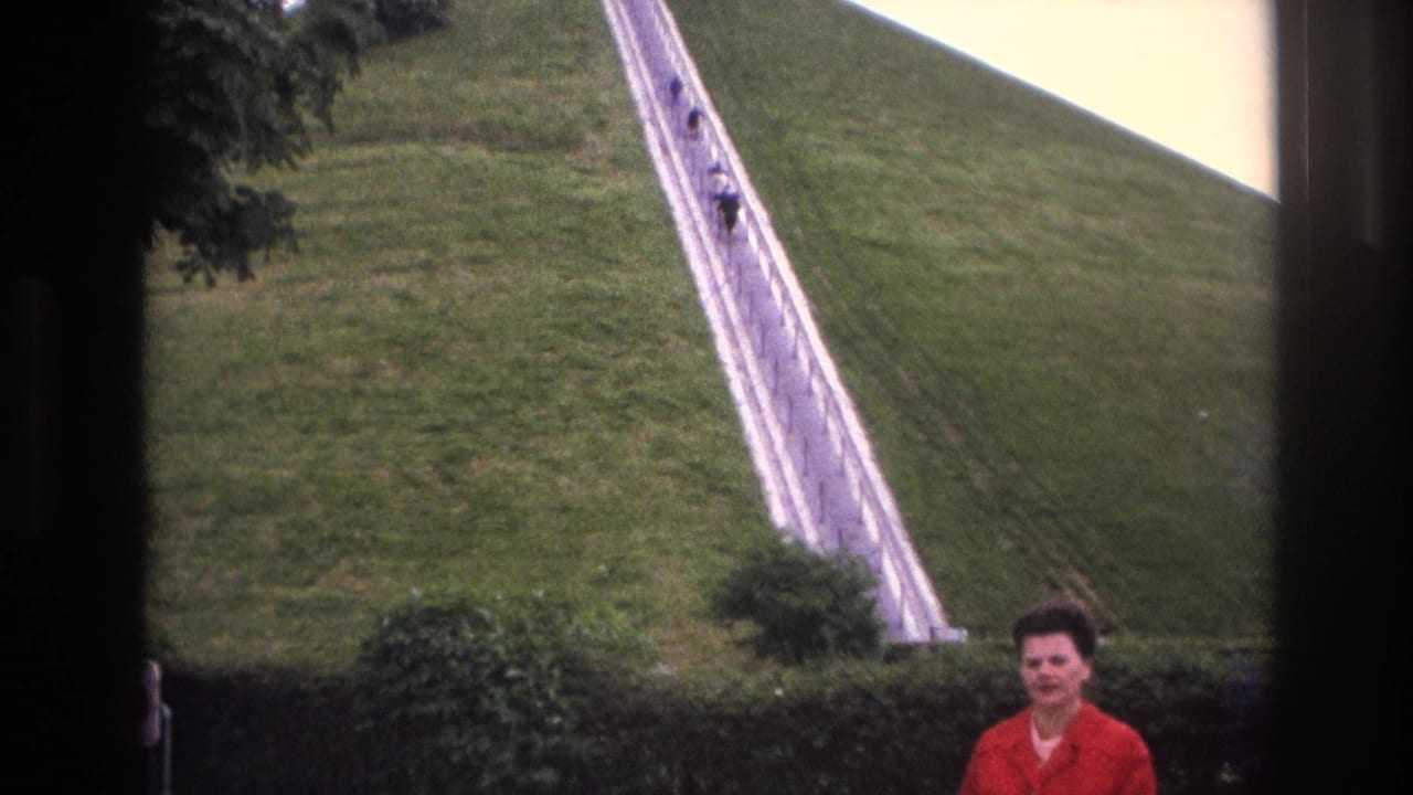 Woman in a red coat stands near a hedge below the long staircase on the grassy hill.