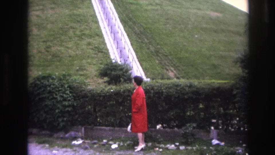 The woman pauses in profile beside the manicured hedge, looking toward the pale staircase on the grassy slope.