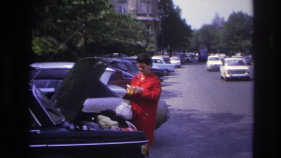 The woman in red remains beside the open car boot as white cars approach in the roadway and parked vehicles line the tree-shaded Paris street.