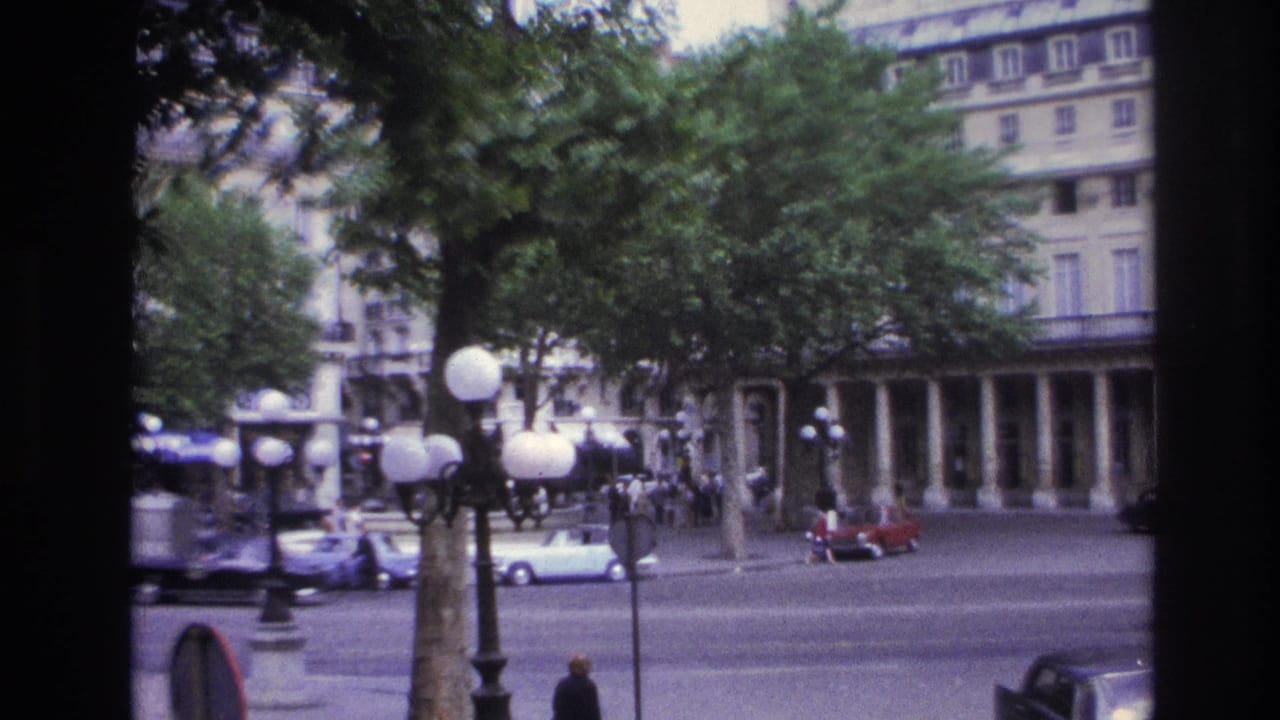 Street scene with cars, pedestrians, trees, globe lampposts, and arcaded buildings partly blocked by a window mullion.