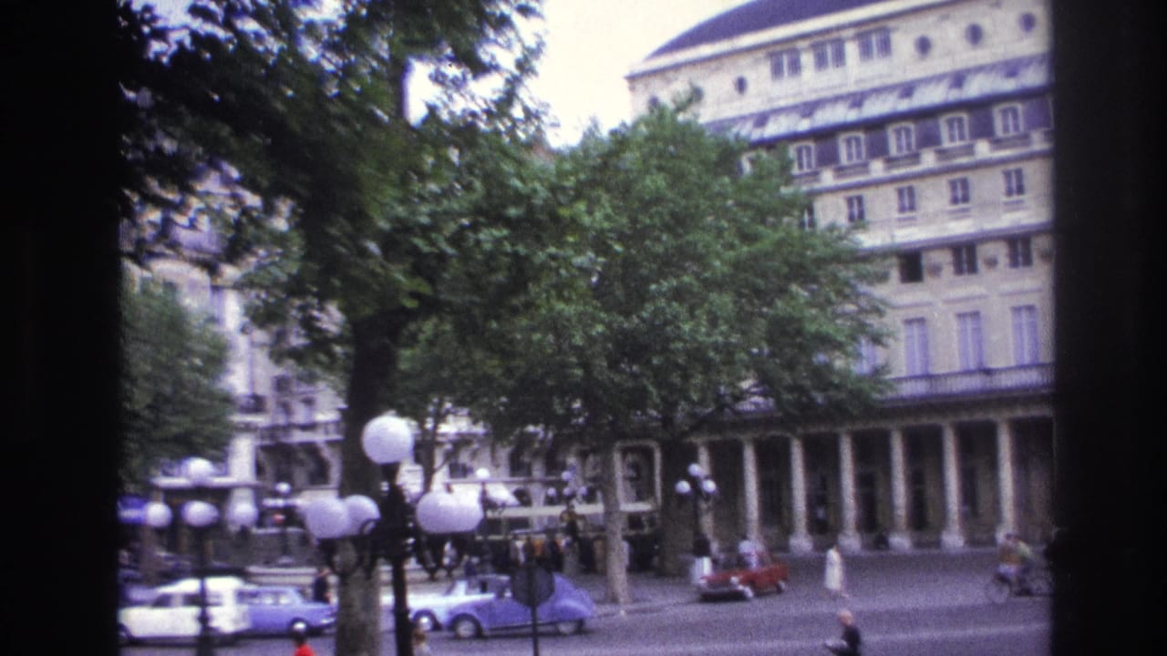 1967 Paris street view from a window, showing cars passing beneath trees in front of a formal building with columns and globe streetlamps.