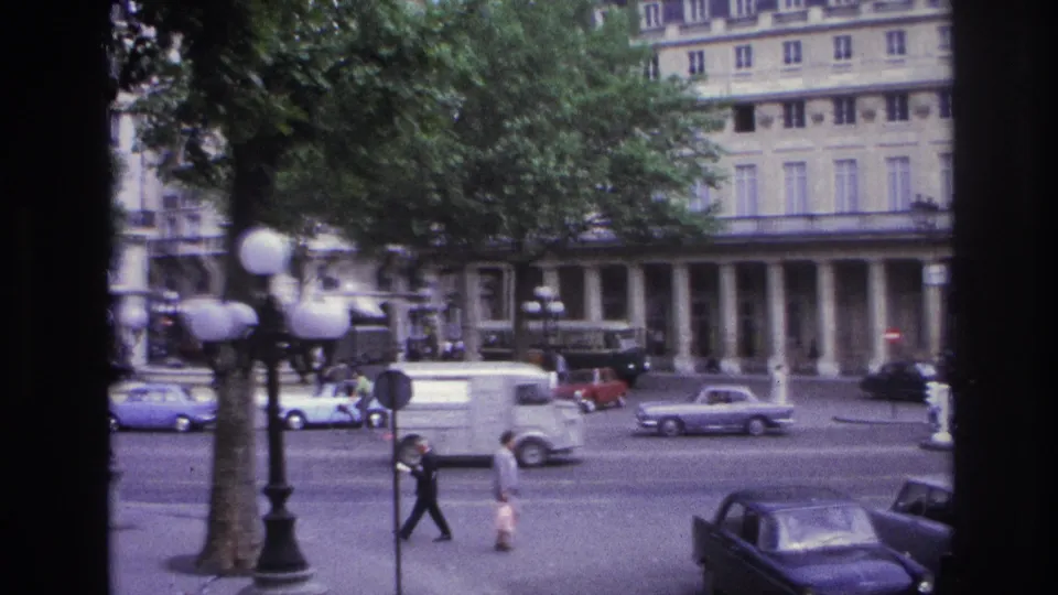1967 Paris street traffic with a small van, several cars, pedestrians, tree trunks, globe lamps, and a formal building across the road.