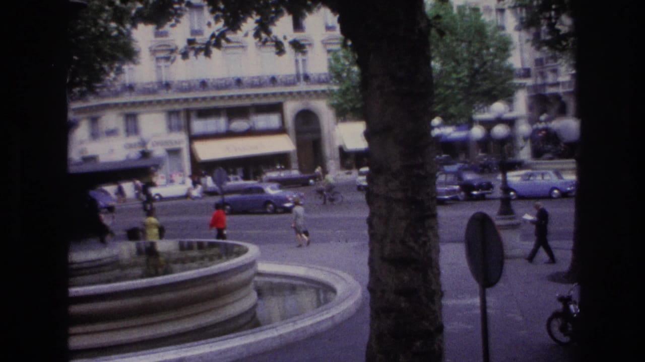 Tree-framed city square with fountain basin, pedestrians, cars, streetlights, and stone buildings.