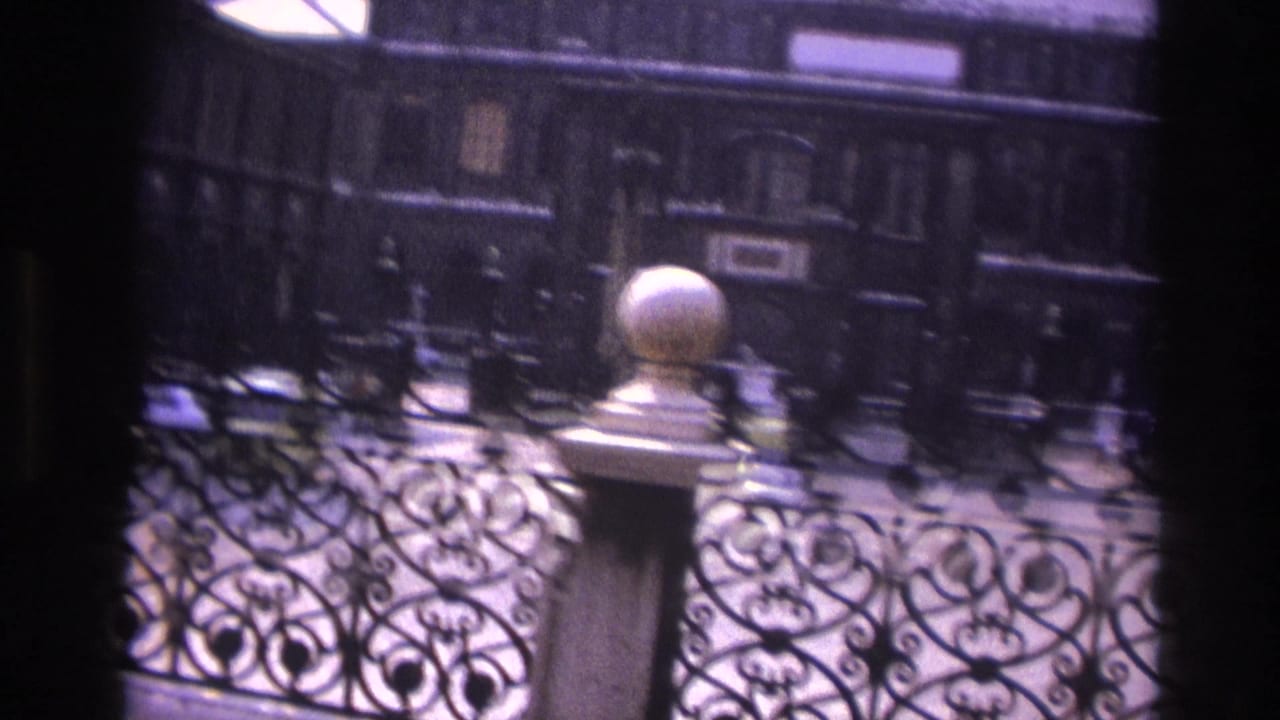 Paris sightseeing view of decorative ironwork, a stone post, and street-facing architecture through soft 8mm color.
