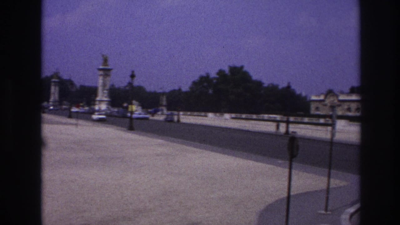Broad Paris bridge approach with lamps, cars, trees, and a signpost near the curb.