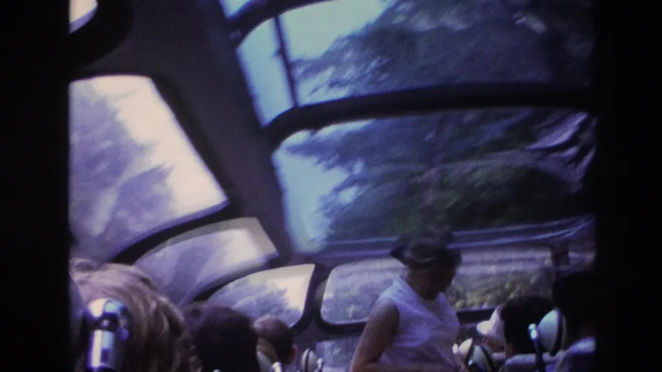 1967 Paris frame of a woman in the aisle of a glass-roof bus, with seated passengers and blurred trees beyond the windows.