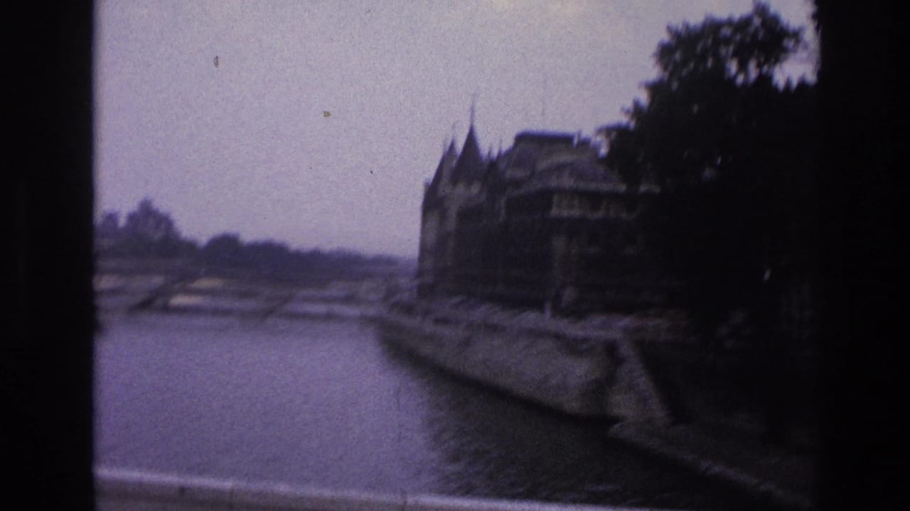 Riverbank view with bridge arches in the distance and dark trees framing buildings along the Seine.