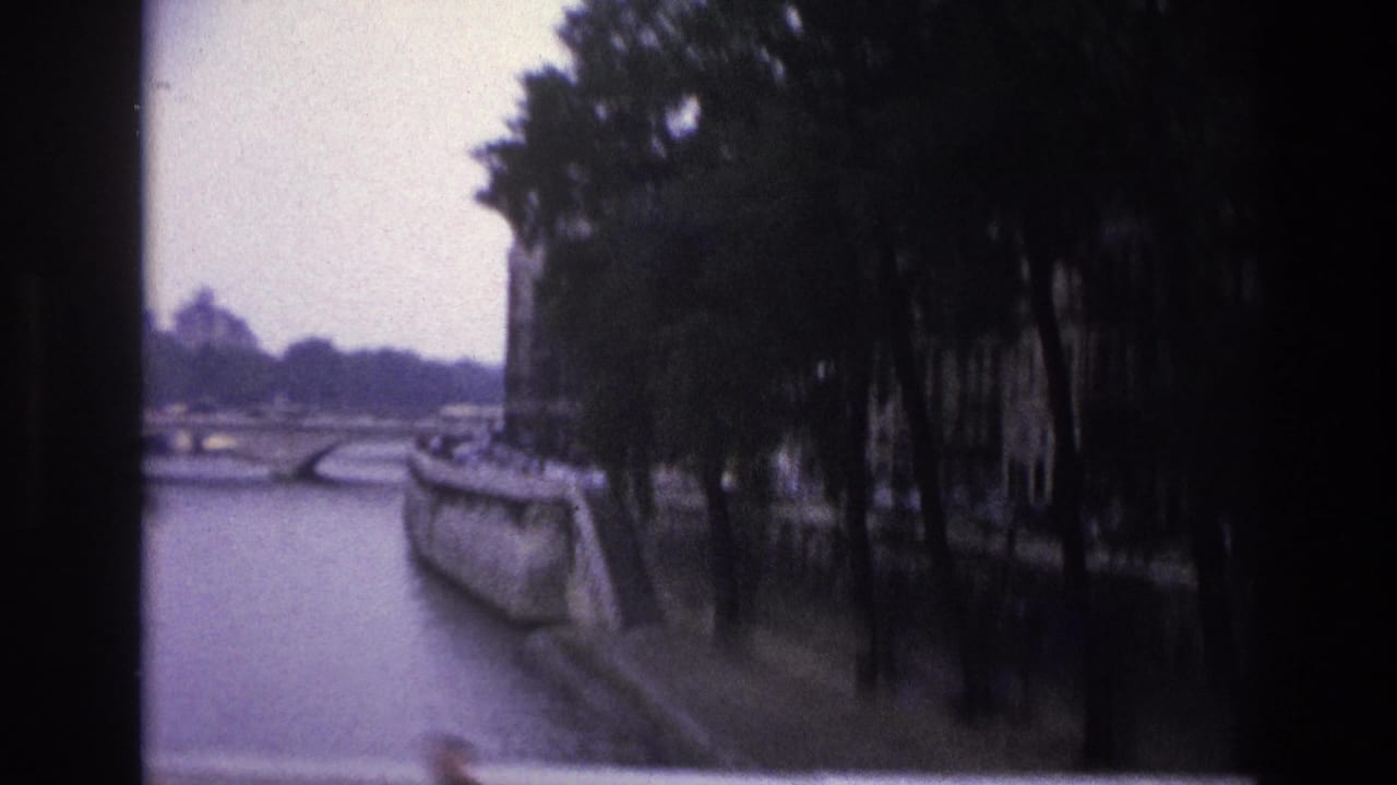 1967 Paris home-movie view of the Seine embankment, showing trees, a stone bridge, and soft 8mm exposure from a moving viewpoint.