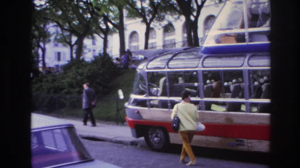 The final frame shows the rear portion of a Citirama tour bus beside a woman in yellow, with trees, bushes, a car, and pale buildings behind.
