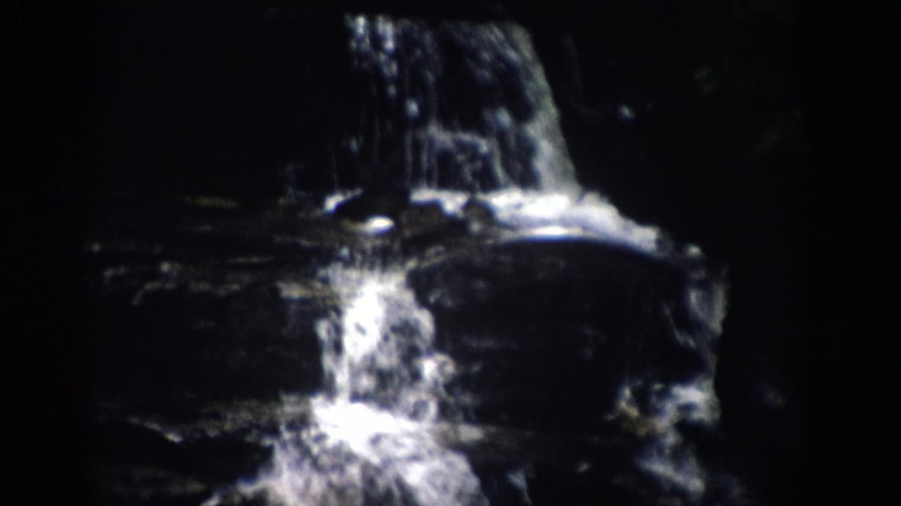 1959 Colorado 8mm frame showing white water falling over dark rock ledges in a shaded wooded preserve.