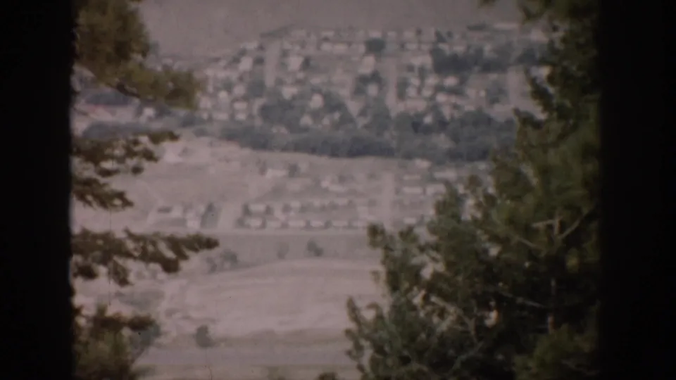 Distant Colorado residential area with houses, pale roads, and trees, partly blocked by a dark window frame.