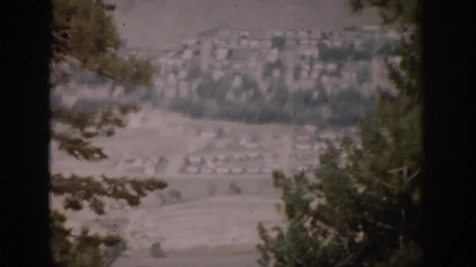 1959 Colorado home-movie frame showing distant valley houses through evergreen branches from a high overlook.
