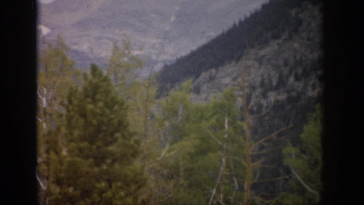 1959 Colorado 8mm view of pine and aspen trees before hazy, rocky mountain slopes, framed by a dark window edge.