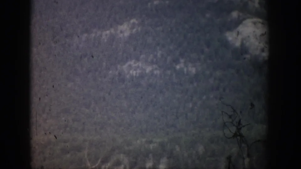 1959 Colorado 8mm frame with a dim, soft view of trees and hillside seen through heavy film edge shadowing.