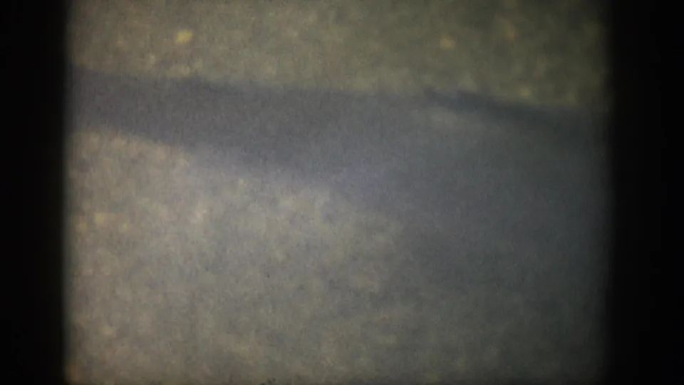 1959 Colorado 8mm frame where a large fish form appears faintly beneath murky shallow water and grainy exposure.