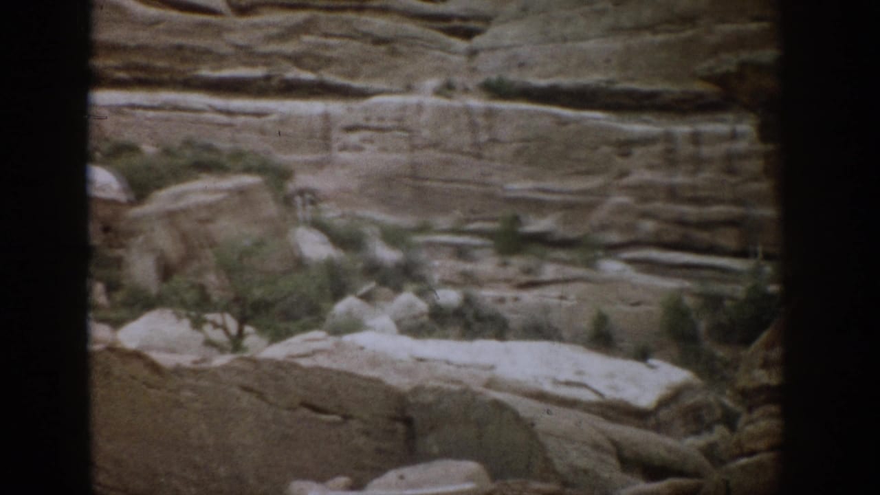 Canyon rocks with pale boulders and sparse shrubs below a layered cliff.