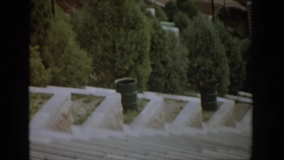 1959 Colorado 8mm frame showing the lower stair area, two green barrels, planted evergreens, and intersecting hillside walkways.