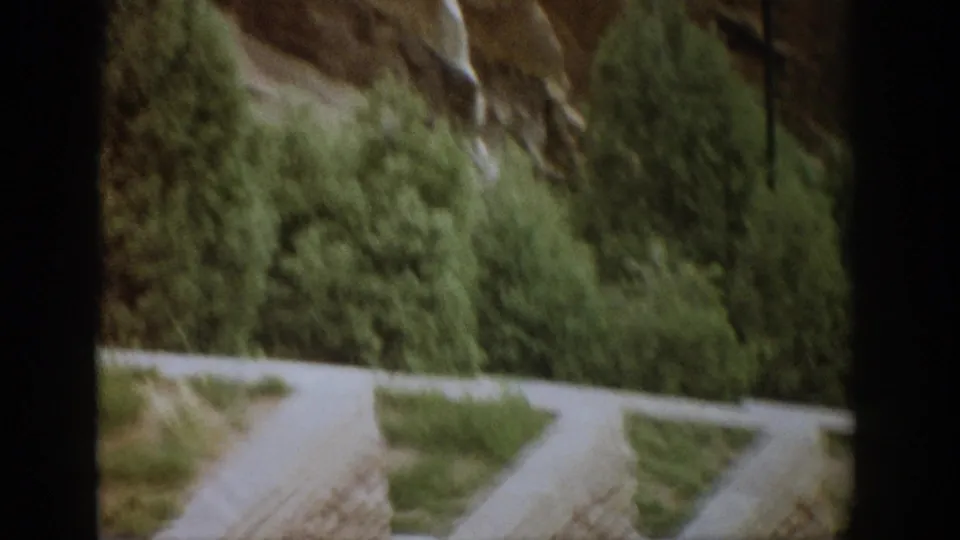 1959 Colorado home-movie frame with motion-softened evergreens, hillside paths, stair borders, and a partial view of the landscaped slope.